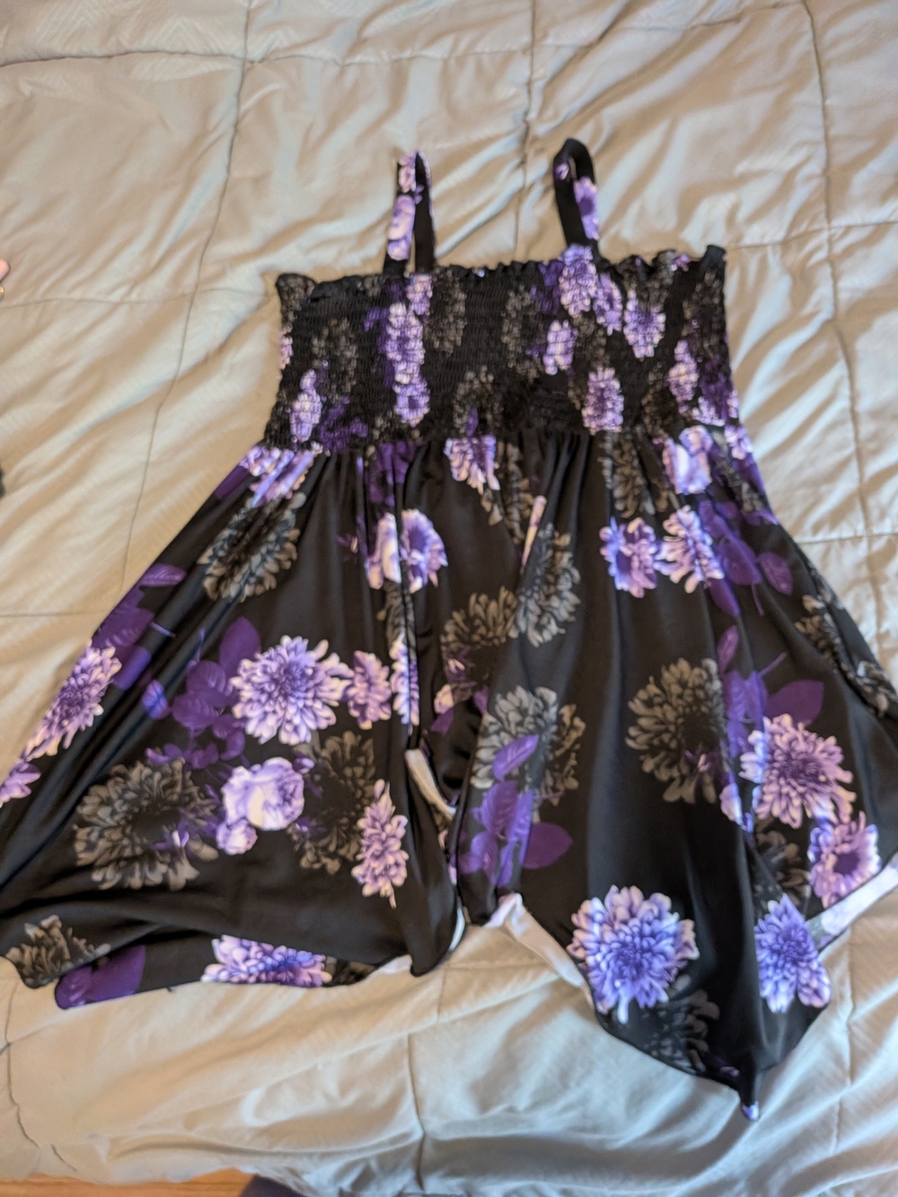 Vampy Goth Black & Purple Floral Smocked Handkerchief Hem Top